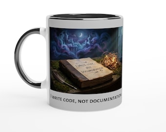 Ik schrijf code, geen documentatie – grappige programmeurmok, ontwikkelaarscadeau, codeerhumor, koffiekopje technische werker