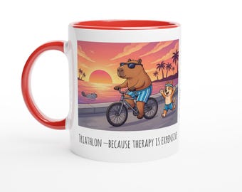 Triathlon Mug • “Triathlon: because therapy ..” • Funny Triathlete Gift • Ironman Training Humor • Endurance Athlete Coffee Cup