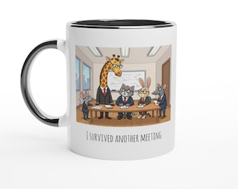 Caneca de escritório personalizada e divertida • "Sobrevivi a mais uma reunião" • Presente para brincadeiras no trabalho • Caneca com humor para o ambiente de trabalho