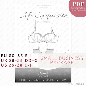 May include: A black and white line drawing of a bra pattern, labeled "Afi Exquisite" and "Bra Pattern". The image includes size information for EU, UK, and US sizes. The text "Small Business Package" is also included in the image.