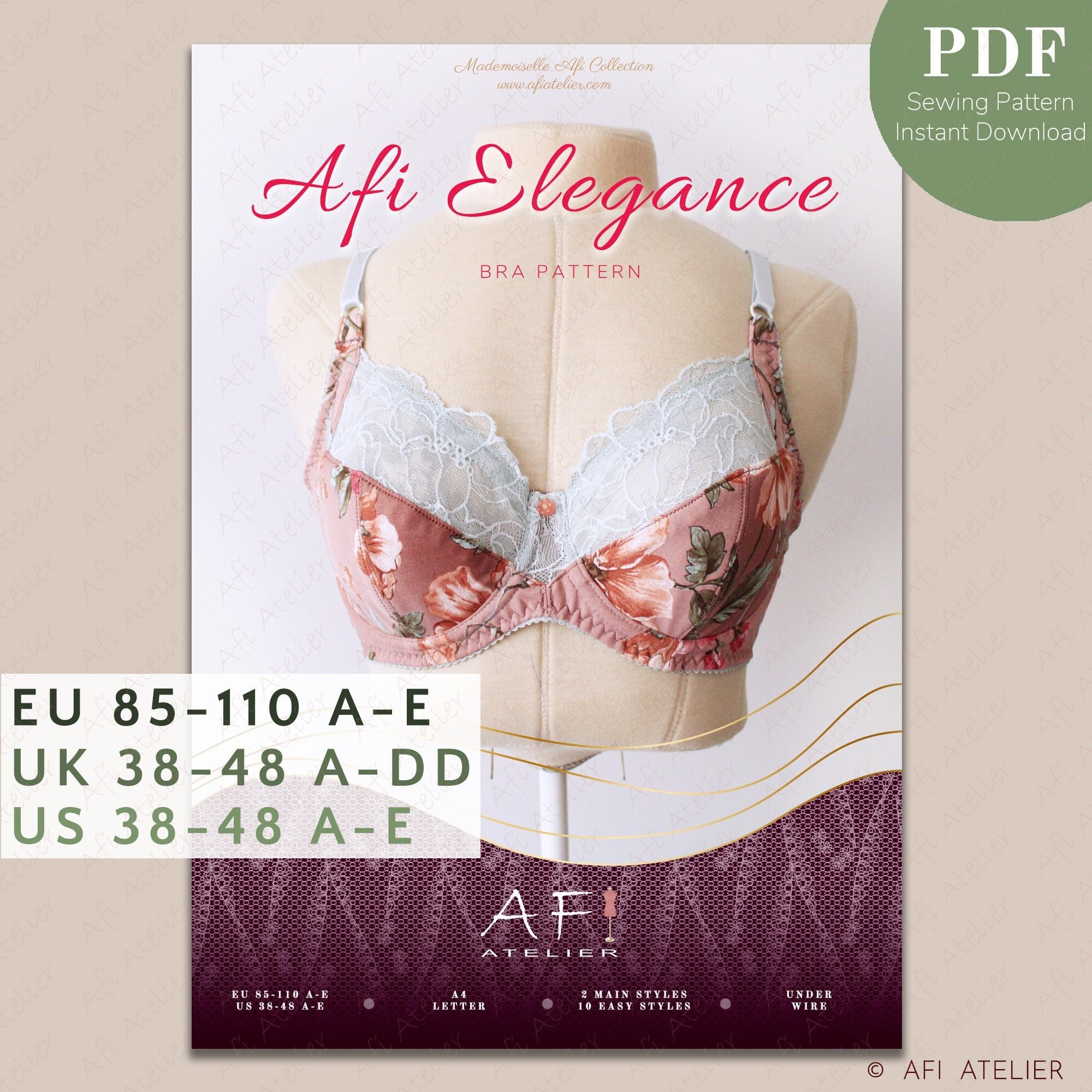 Afi Elegance Bra Lingerie Sewing Pattern Package 3 Sizes Instant
