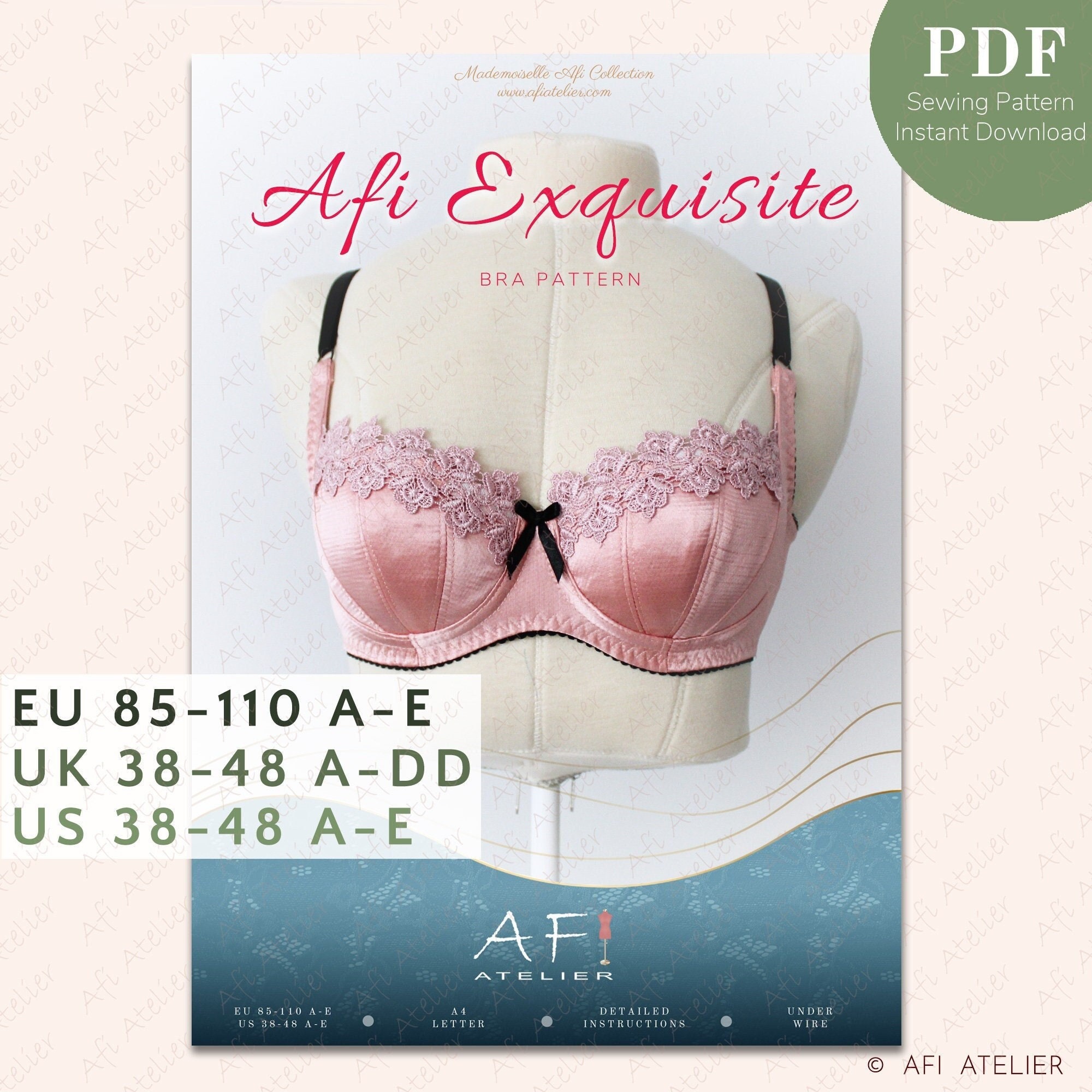 Afi Exquisite Bra Lingerie Sewing Pattern Package 3 Sizes Instant PDF  Download Afi Atelier 