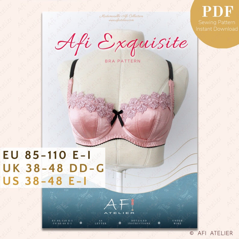Afi Exquisite Bra Lingerie Sewing Pattern Package 4 Sizes Instant PDF Download Afi Atelier image 1