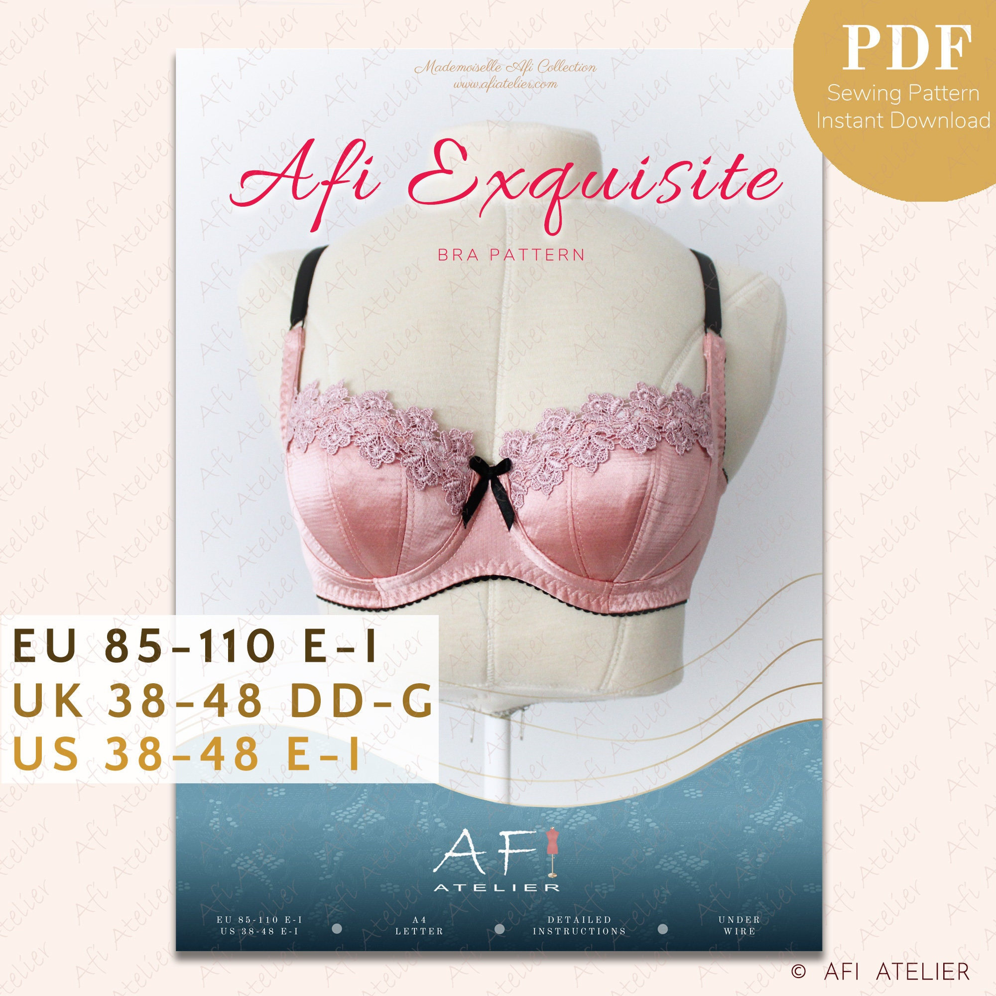 Afi Exquisite Bra Lingerie Sewing Pattern Package 4 Sizes Instant PDF  Download Afi Atelier -  UK