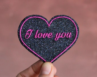 Brooch heart I love you fabric black sequins black violets blue embroidery thread pink raspberry crushed message in english made in France