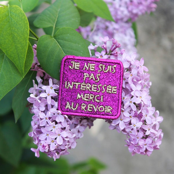 Brooch I am not interested thank you goodbye jewel glittery glitter fabric crushed raspberry embroidered message gold thread made in France