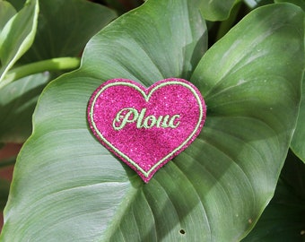 Broche redneck corazón fucsia rosa tela de lentejuelas bordado hilo verde neón divertido mensaje insolente bordado en francés hecho en Francia