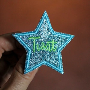 May include: A blue glitter star with a green embroidered word "Twat" on it.