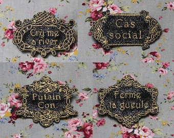 Choice of brooch embroidery jewel "The distinguished baroque precious" black sequin fabric embroidered message gold thread made in France