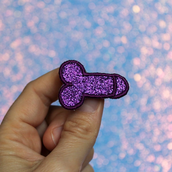 Purple glittery micro penis brooch too cute fun jewel badge very distinguished glitter fabric embroidered purple thread made in France