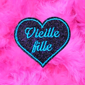 Old girl heart brooch fabric black sequins blue violets embroidery cyan blue cyan embroidered in French made in France