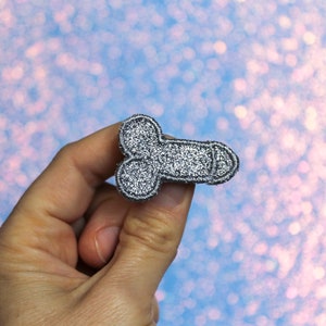 Concrete gray glittery micro penis brooch too cute fun jewelry badge very distinguished sequined fabric embroidered silver thread made in France