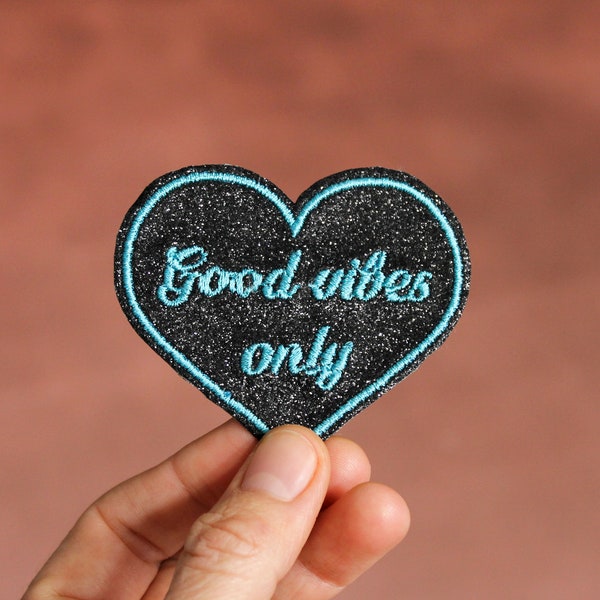 Brooch Good vibes only badge heart black fabric with sparkling sequins embroidered in English thread color blue green menthol made in France