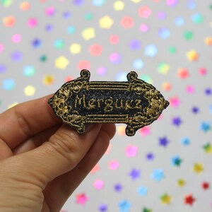 Brooch jewel Merguez The precious distinguished baroque fabric black sequins message embroidered in Arabic golden thread made in France image 3