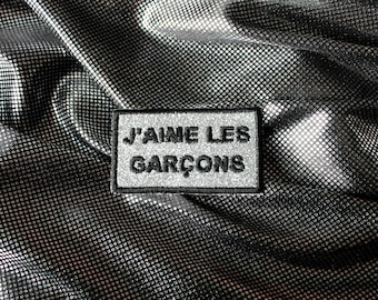 Brooch I LOVE BOYS mini sign silver glitter glitter glossy reflections rainbow embroidered french message black thread made in France