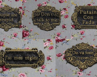 Choice of brooch embroidery jewel "The distinguished baroque precious" black sequin fabric embroidered message gold thread made in France