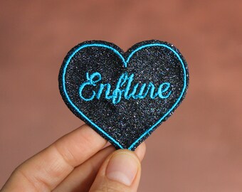 Brooch heart Swelling fabric sequins black violets blue, embroidery thread color blue cyan electric, made in France