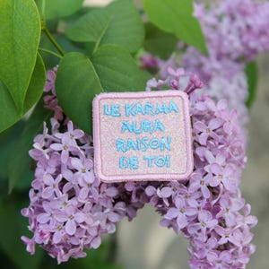 Brooch Karma will get the better of you jewel shiny sequined fabric pink "flesh" embroidered message sky blue thread pink "flesh" circle made in France