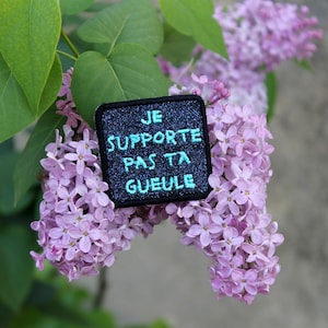 Peut inclure: Un patch noir avec du texte blanc et bleu clair qui dit "JE SUPPORTE PAS TA GUEULE" sur un fond de fleurs violettes.