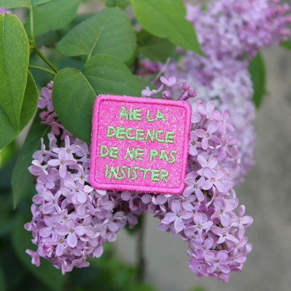 Brooch Have the decency not to insist jewel glittery fabric bubblegum pink color embroidered message neon green thread made in France