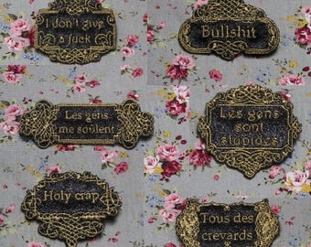 Choice of brooch embroidery jewel "The distinguished baroque precious" black sequin fabric embroidered message gold thread made in France