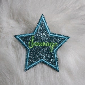 May include: A teal blue glitter star with the word "Savage" embroidered in green.