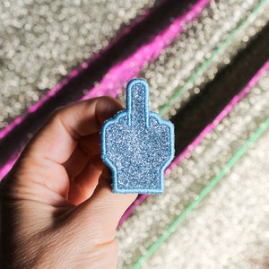 Brooch middle finger glittery jewel insolent cute fabric blue sky glitter sparkling contour embroidered thread blue sky made in France