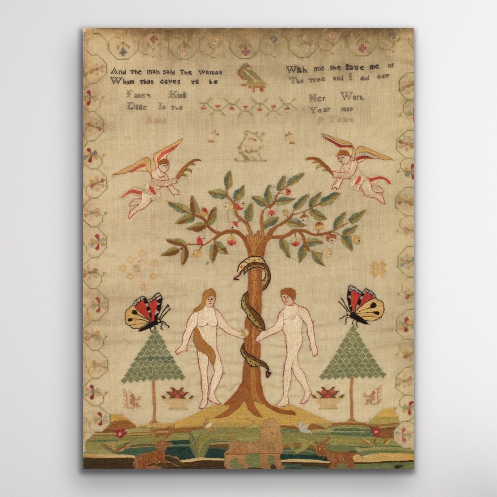 Early Sampler Adam Eve Antique Vintage Art Print 12inx16in Etsy