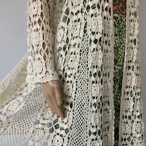 Vintage Romantic Crochet Knit Longline Cardigan / 60s White Lace Summer Duster Coat / Granny Square