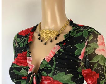 KENZO Y2K Double Mesh Rose Blouse | Vintage Centre Ruching Long Sleeve Shirt