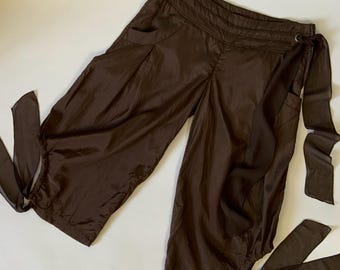 2000s Silky Brown Capri Pants / Y2K Low Rise Drawstring Clubbing Slacks