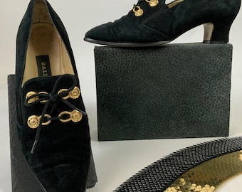 BALLY 90s Black Gold Suede Point Toe Pumps / Vintage Comfortable Heeled Leather Shoes