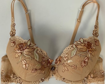 LISE CHARMEL Vintage Embroidered Lace Bra / Padded Underwire Bralette / Beige Brown Bra / French Luxury Lingerie / Size 70 B 32 B