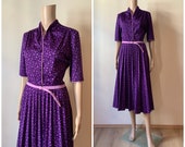 1970 39 s Vintage Pleated Skirt Dress Purple Leaf Print Midi Fit Flare Skater VTG Dress Finnish Retro Dress Cute Lilac Pink Prairie Dress Kati