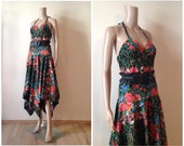 Asymmetrical Black Floral Cotton Halterneck Dress Cottagecore Gunne Sax Prairie Halter Neck Summer Full Circle Bohemian Botanical 1970s