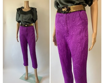 Vintage Vibrant Purple High Rise Capris Textured Paisley Crop Trousers 1950's Bad Girl Style Cigarette Pants