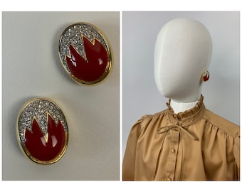 1970's Sparkly Rhinestone Red Enamel Vintage Ear Clips Glamorous Oval Shape Earrings