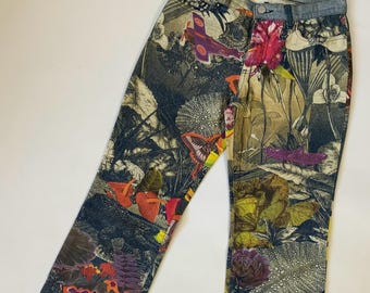 JUST CAVALLI Jeans vintage Y2K scintillanti multicolore giungla rettile / Jeans a gamba dritta stile Euro Trash dipinti