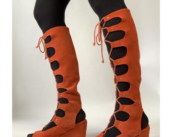 Vintage Orange Suede Cut Out Gladiator Wedge Sandals / 70s Lace Up Go Go Boots