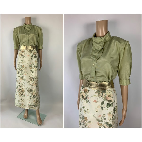 1980's Puff Shoulder Vintage Blouse Green Silk Cotton Shoulder Pads Shirt Size M - L