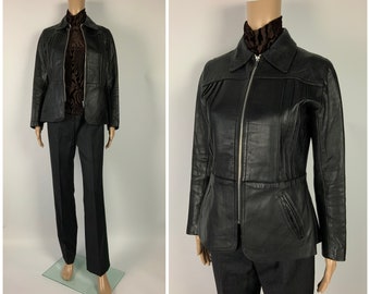 Vintage 1970's Black Leather Motorbike Jacket Chic Fitted Leather Blazer Size S