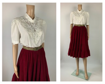 Elegant White High Neck Vintage Blouse 1990's Romantic Lace Shirt Size M