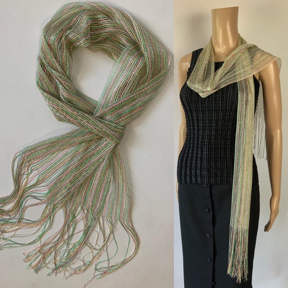 Vintage Sparkly Skinny Scarf / Long Sheer Fringe Shawl