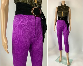 vintage Vibrant violet taille haute Capris texturé Paisley Crop pantalon des années 1950 Bad Girl Style pantalon cigarette taille S - M