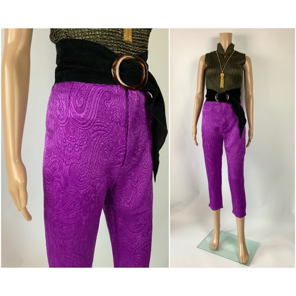 Vintage Vibrant Purple High Rise Capris Textured Paisley Crop Trousers 1950's Bad Girl Style Cigarette Pants Size S - M