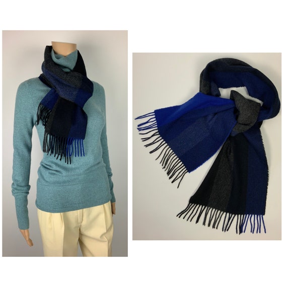 JAEGER Vintage Cashmere Wool Fringe Scarf Blue Gr… - image 1