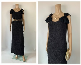 Vintage Black Floral Lace Gala Gown Shoulder Bow Detail Maxi Size M - L JOHN CHARLES