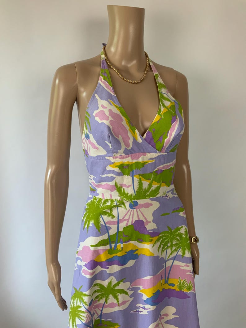 70s Hawaiian Halter Neck Beach Dress / Vintage Sleeveless Cotton ...