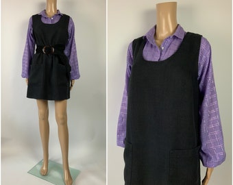 Vintage Relaxed Fit Black Linen Dress Baggy Big Pockets Beach Tunic Size M - L