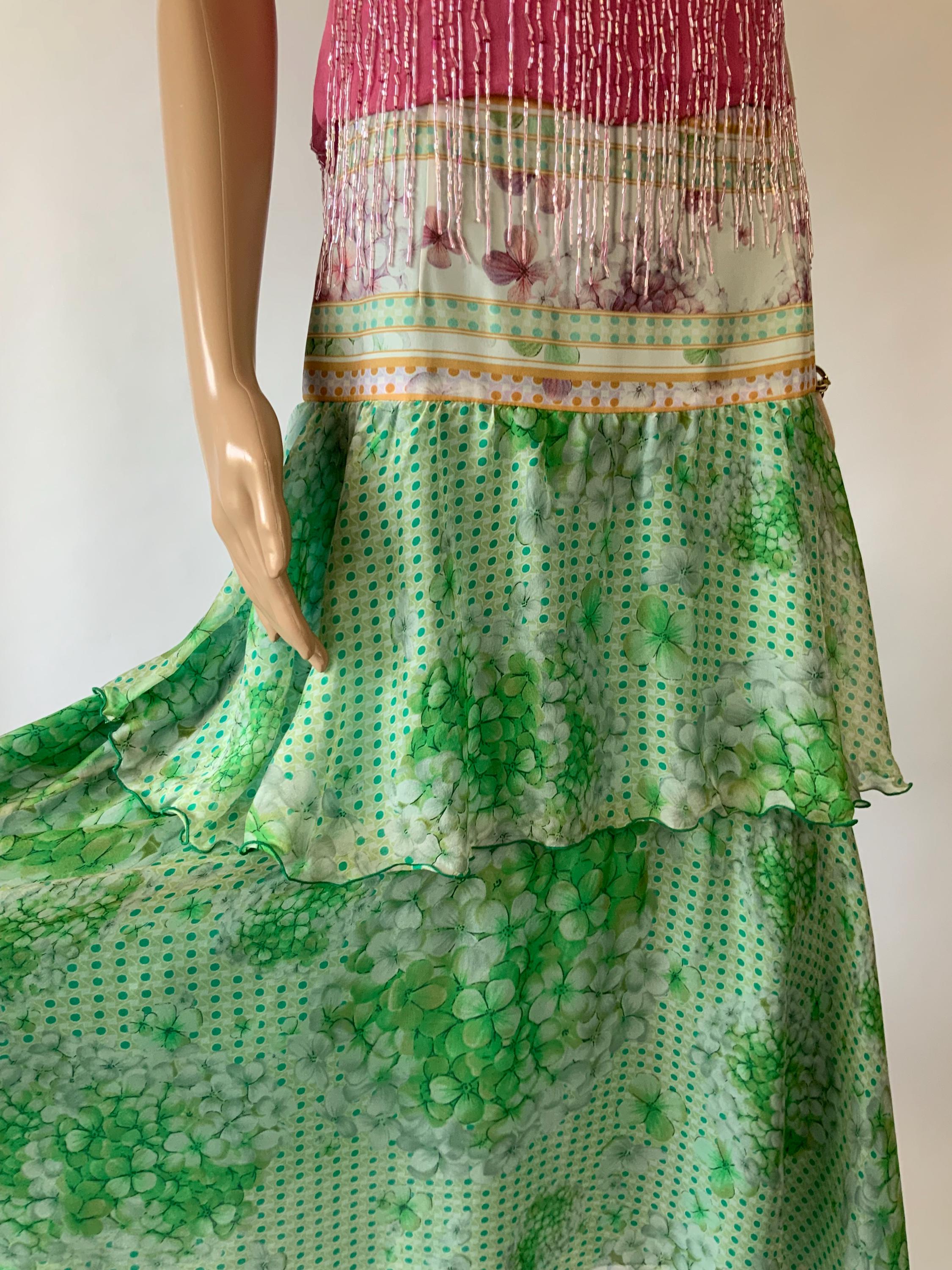 ROBERTO CAVALLI CLASS Silk Green Hydrangea Floral Skirt | Vintage